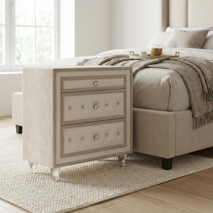 Ivory and Camel Upholstered Nightstand with 3 Drawers and Modern Design