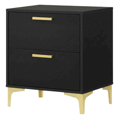 Black Modern Nightstand with Gold Accents and Sturdy Metal Legs