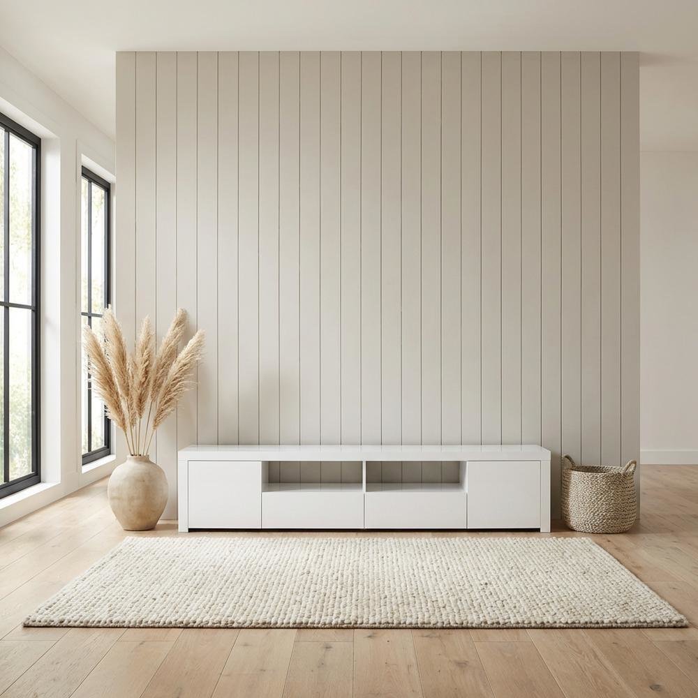 White high gloss engineered wood TV stand with 2 doors and contemporary design