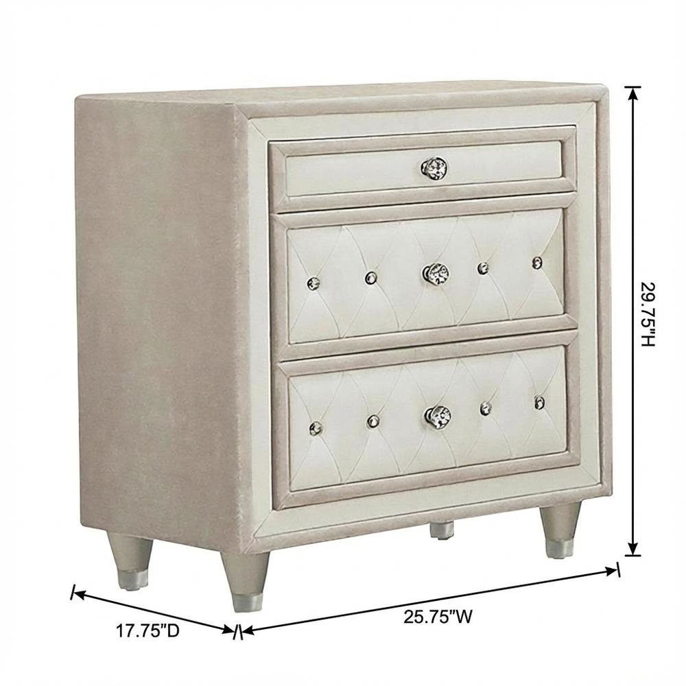 Ivory and Camel Upholstered Nightstand with 3 Drawers and Modern Design