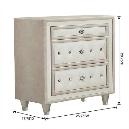 Ivory and Camel Upholstered Nightstand with 3 Drawers and Modern Design