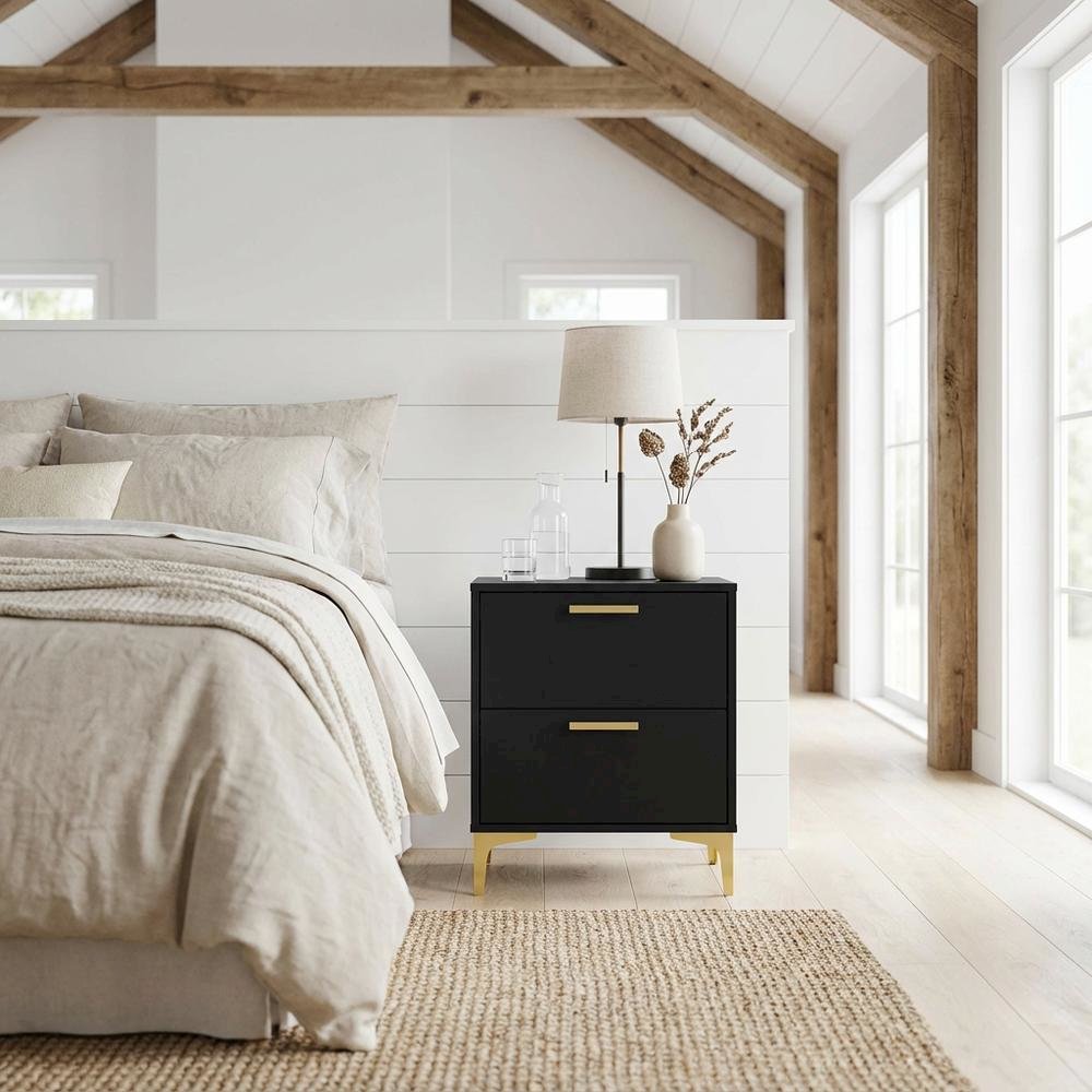 Black Modern Nightstand with Gold Accents and Sturdy Metal Legs