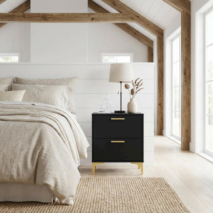 Black Modern Nightstand with Gold Accents and Sturdy Metal Legs
