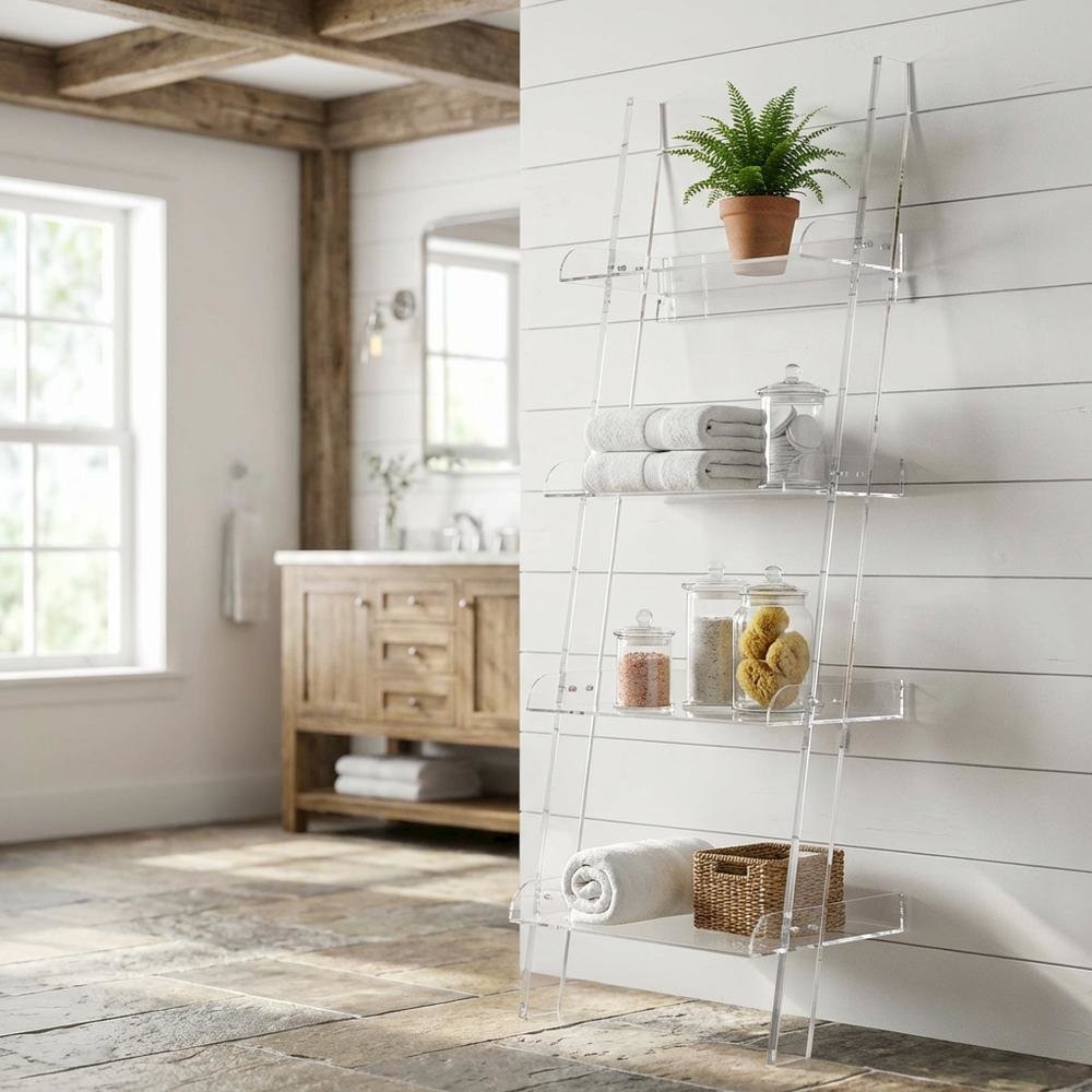Clear 72-Inch Ladder Bookshelf with 4 Shelves and Tipover Restraint