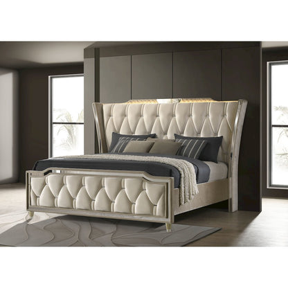 Lorient Queen LED Upholstered Wingback Bed Ivory and Camel