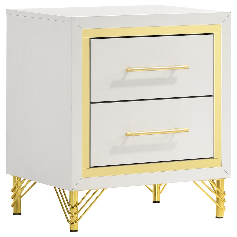 White and Gold Nightstand – Elegant 2 Drawer Nightstand for Bedroom