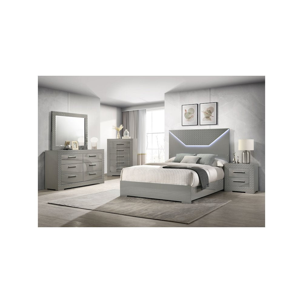 Ives Eastern King Panel Bed LED Headboard Grey High Gloss