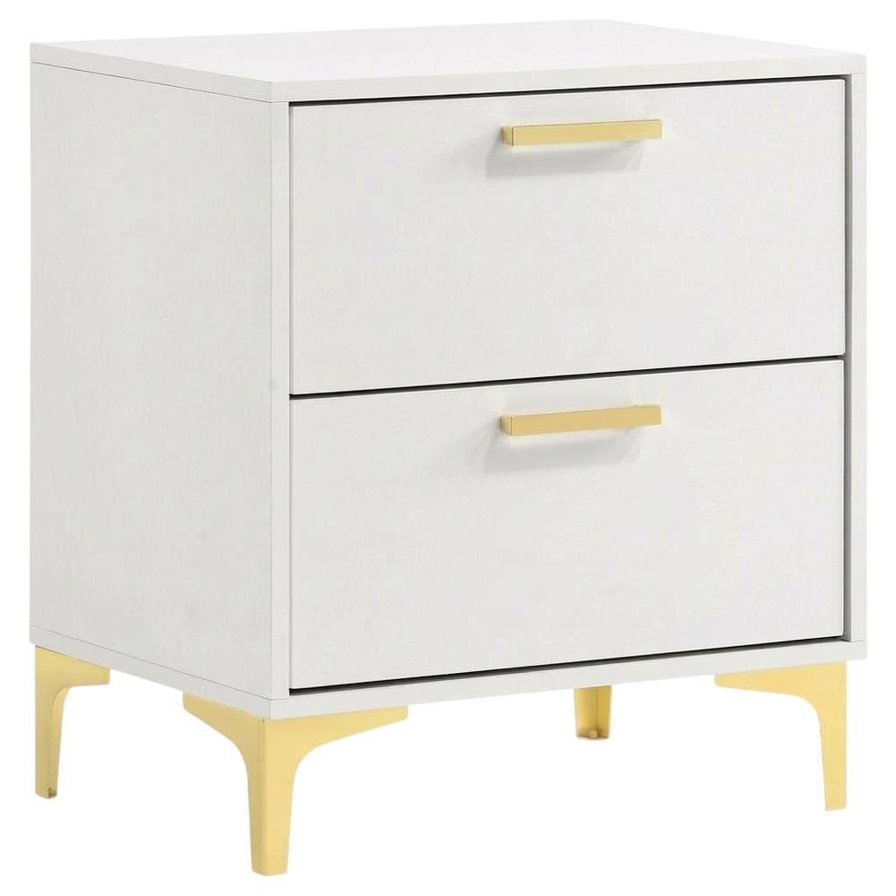 White Modern Nightstand with Gold Accents and Sturdy Metal Legs