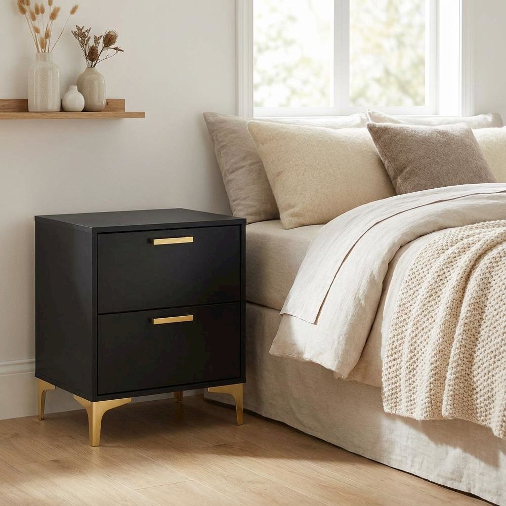 Black Modern Nightstand with Gold Accents and Sturdy Metal Legs