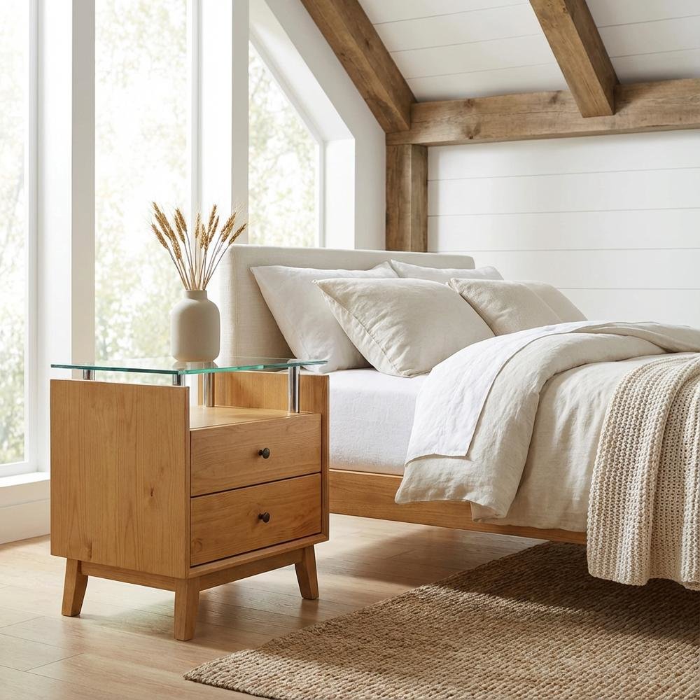 Pine Nightstand with Glass Top and Modern Style