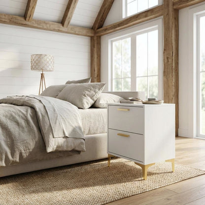 White Modern Nightstand with Gold Accents and Sturdy Metal Legs