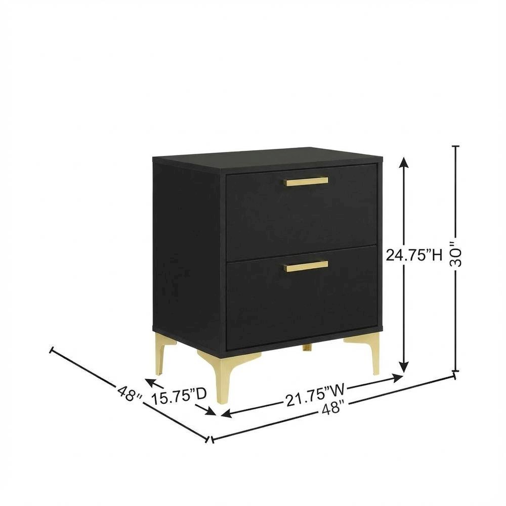 Black Modern Nightstand with Gold Accents and Sturdy Metal Legs