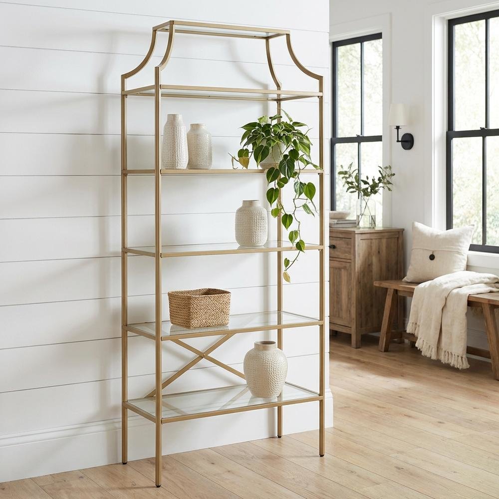 Gold 5-Shelf Glass Bookshelf with Contemporary Style and Tipover Restraint