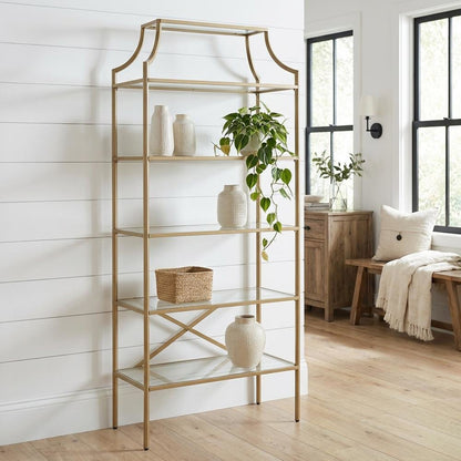 Gold 5-Shelf Glass Bookshelf with Contemporary Style and Tipover Restraint