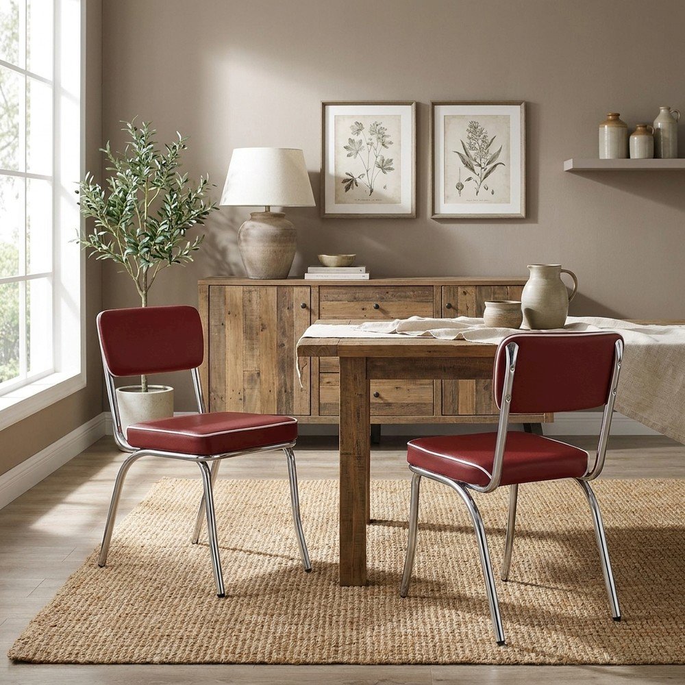 Set of 2 Upholstered Dining Chairs in Red with Chrome Legs for Dining