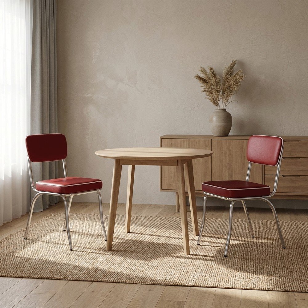 Set of 2 Upholstered Dining Chairs in Red with Chrome Legs for Dining