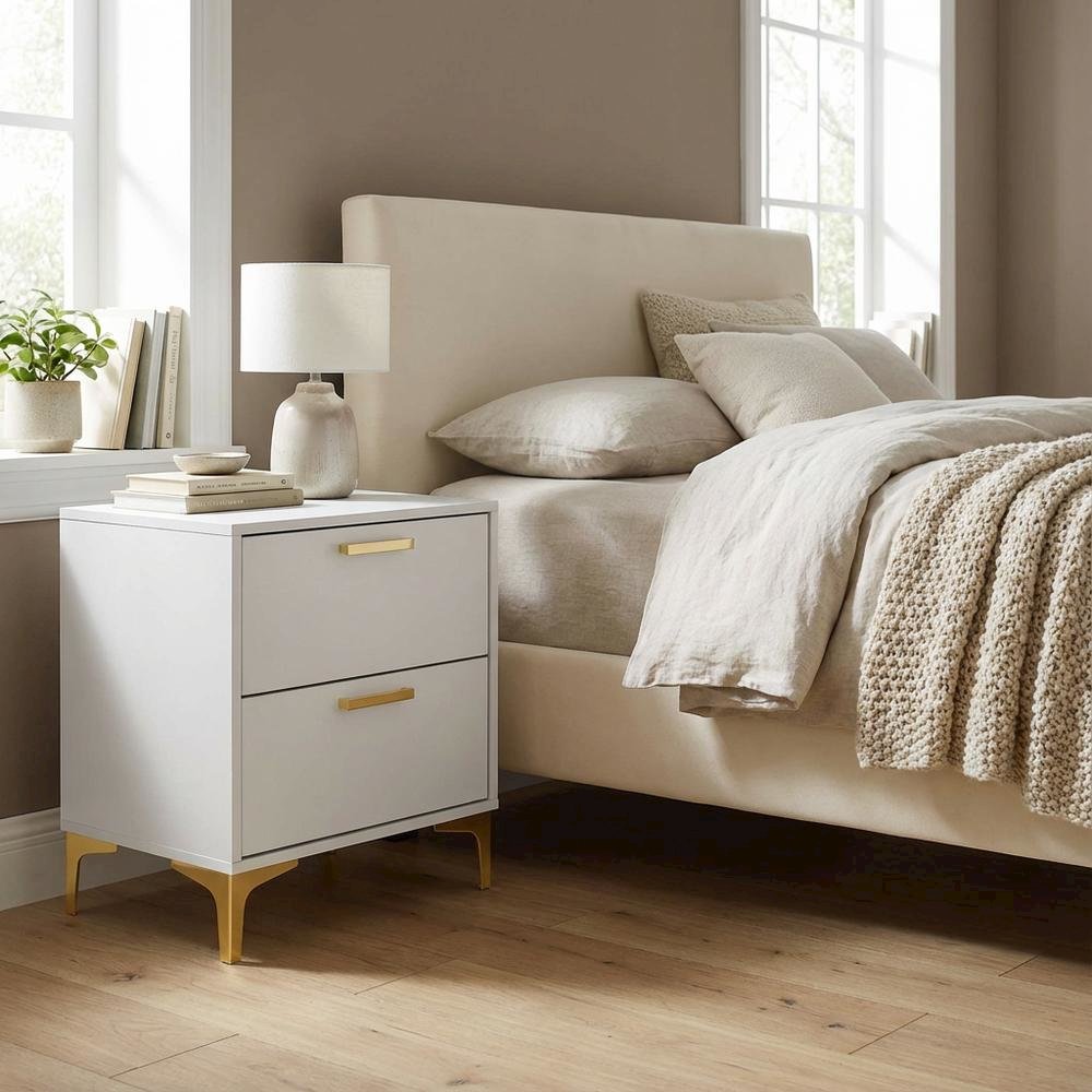 White Modern Nightstand with Gold Accents and Sturdy Metal Legs