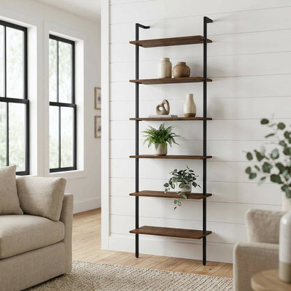 Walnut Wall Bookshelf with Six Shelves and Transitional Style