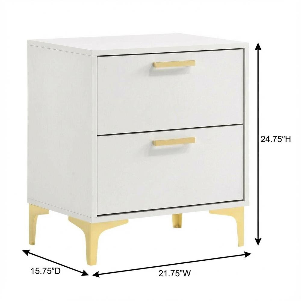 White Modern Nightstand with Gold Accents and Sturdy Metal Legs