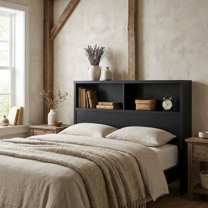 Twin Headboard Black with Bookcase Storage and Plastic Glide Levelers