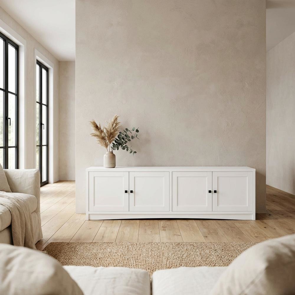 White 4-Door TV Stand with Engineered Wood and Modern Design