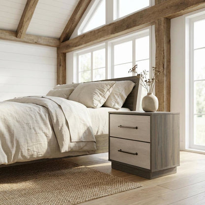 Grey Nightstand with Modern Design and Antique Nickel Finish