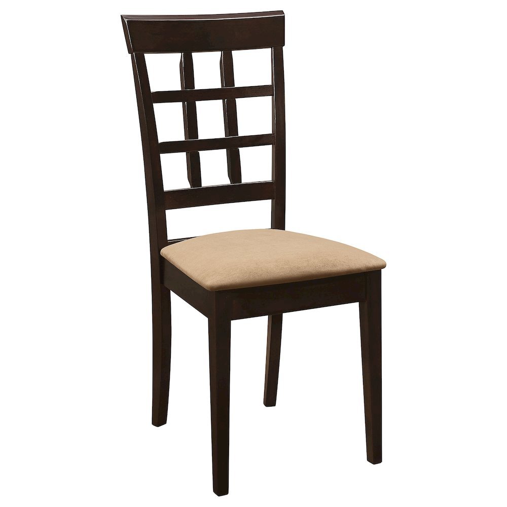 Dining Side Chairs Set of 2, Lattice Back, Cappuccino Finish, Tan Microfiber