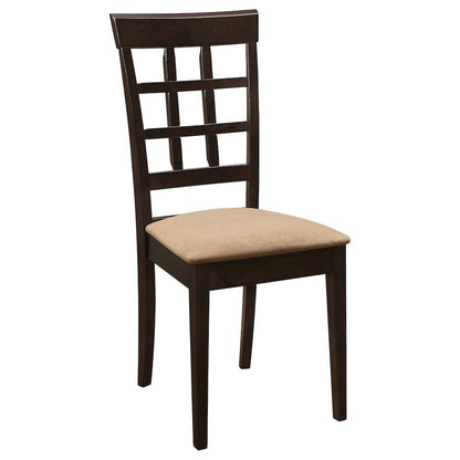 Dining Side Chairs Set of 2, Lattice Back, Cappuccino Finish, Tan Microfiber