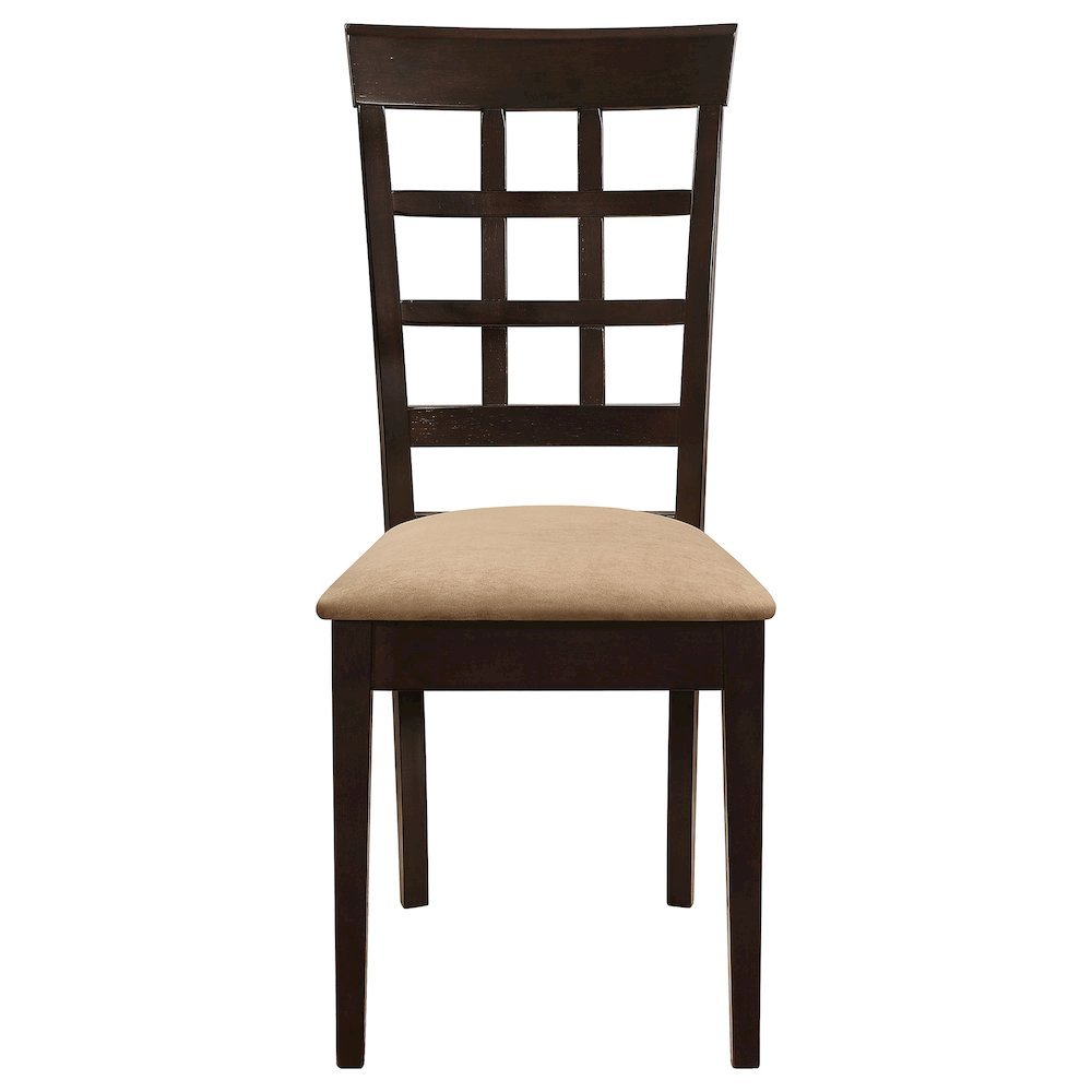 Dining Side Chairs Set of 2, Lattice Back, Cappuccino Finish, Tan Microfiber