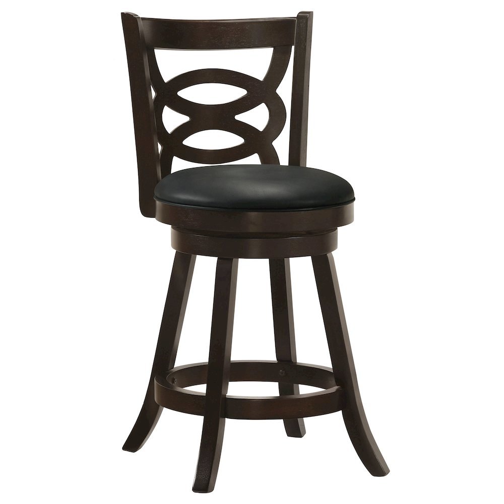 Swivel Counter Stool, Set of 2, Black Leatherette, Dark Merlot Finish