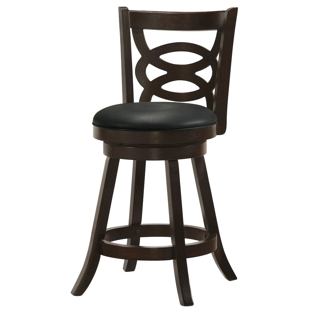 Swivel Counter Stool, Set of 2, Black Leatherette, Dark Merlot Finish