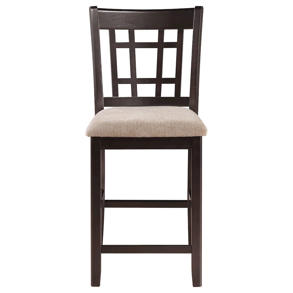 Brown Wood Counter Stool Set of 2 with Lattice Back Design and Upholstered Seats
