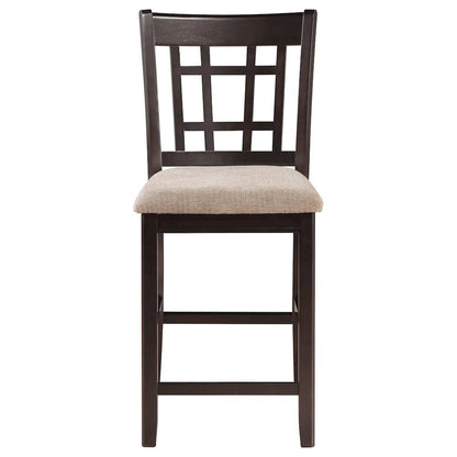Brown Wood Counter Stool Set of 2 with Lattice Back Design and Upholstered Seats