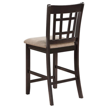 Brown Wood Counter Stool Set of 2 with Lattice Back Design and Upholstered Seats