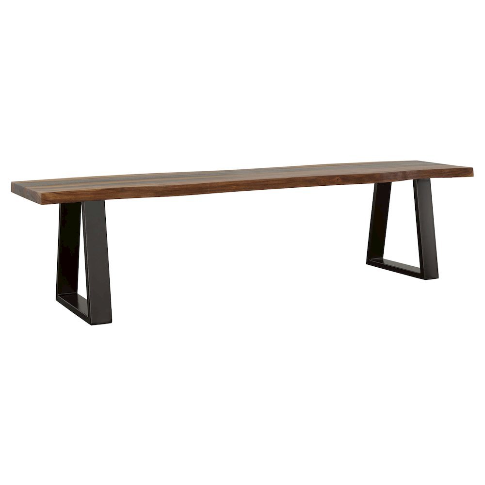 Live Edge Wood Bench, Grey Sheesham, Matte Black Metal Legs, Transitional