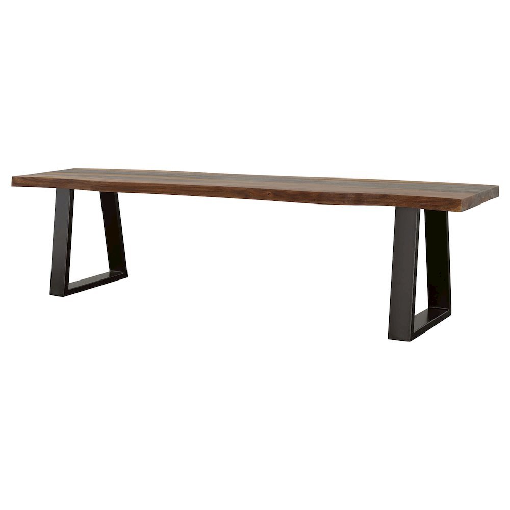 Live Edge Wood Bench, Grey Sheesham, Matte Black Metal Legs, Transitional