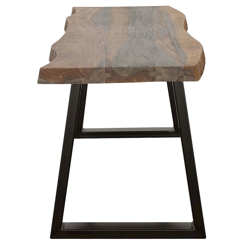 Live Edge Wood Bench, Grey Sheesham, Matte Black Metal Legs, Transitional
