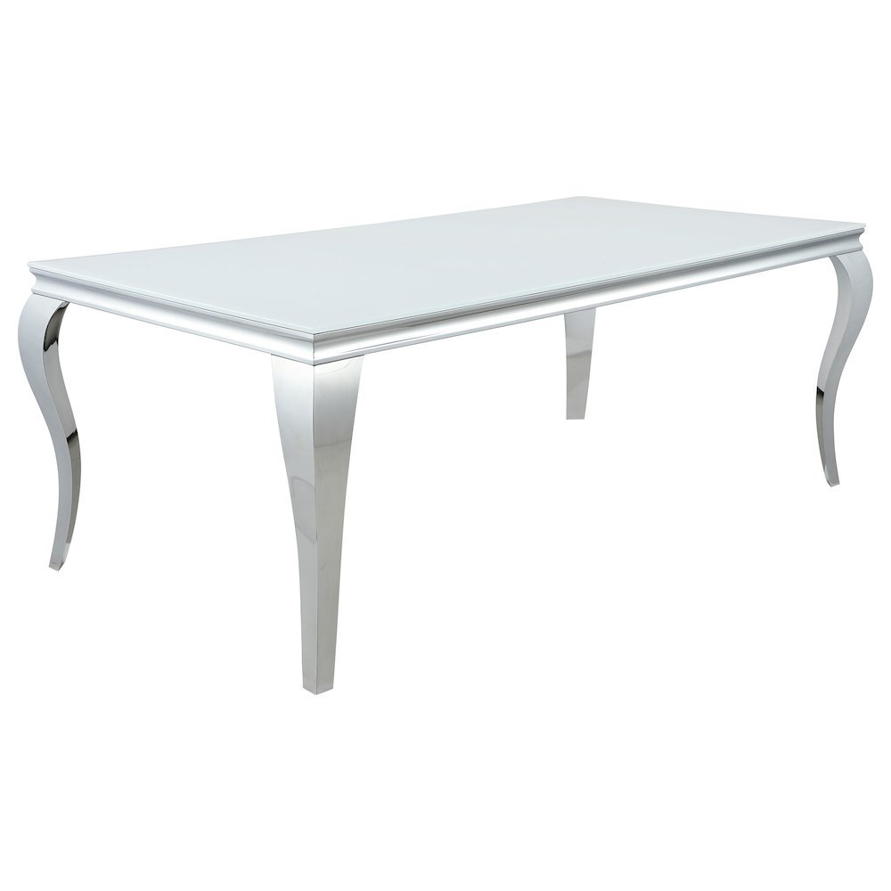 Rectangular Dining Table, White Glass Top, Chrome Metal Legs, Luxurious
