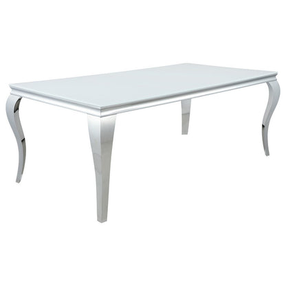 Rectangular Dining Table, White Glass Top, Chrome Metal Legs, Luxurious
