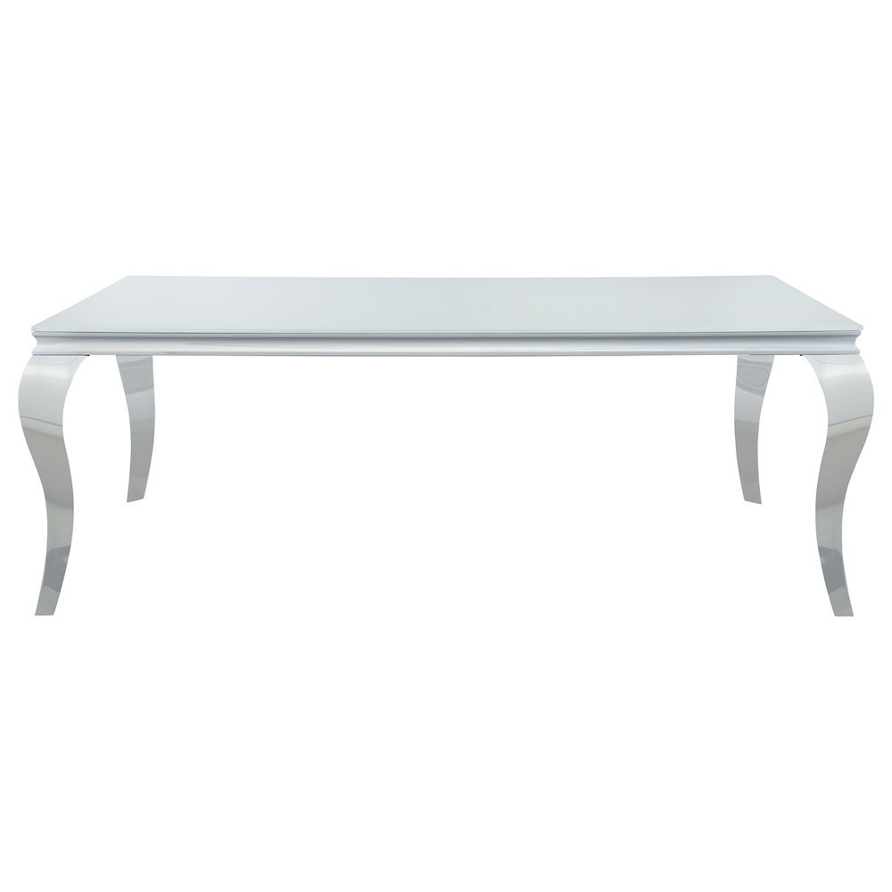 Rectangular Dining Table, White Glass Top, Chrome Metal Legs, Luxurious