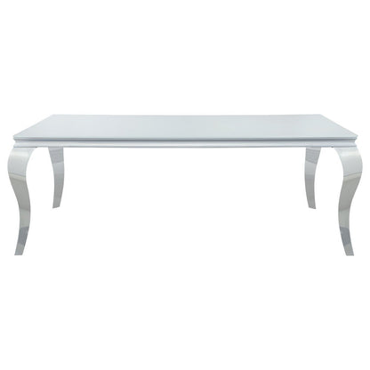 Rectangular Dining Table, White Glass Top, Chrome Metal Legs, Luxurious