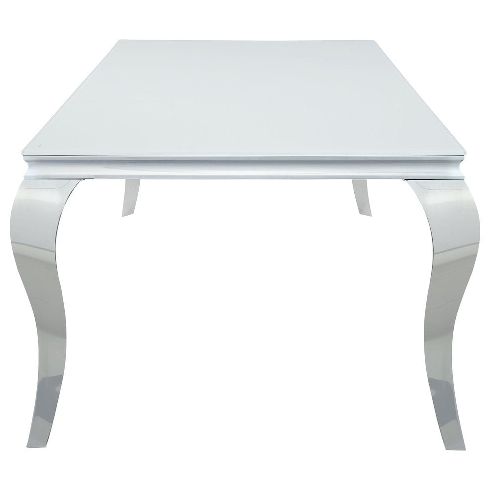 Rectangular Dining Table, White Glass Top, Chrome Metal Legs, Luxurious