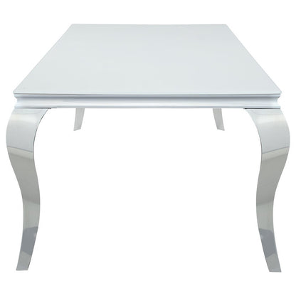 Rectangular Dining Table, White Glass Top, Chrome Metal Legs, Luxurious