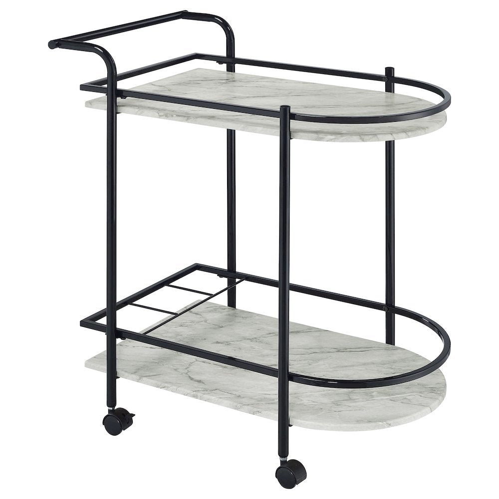2-Tier Faux Marble Shelf Metal Bar Cart in Black with Rolling Wheels and Handle