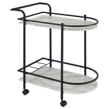 2-Tier Faux Marble Shelf Metal Bar Cart in Black with Rolling Wheels and Handle