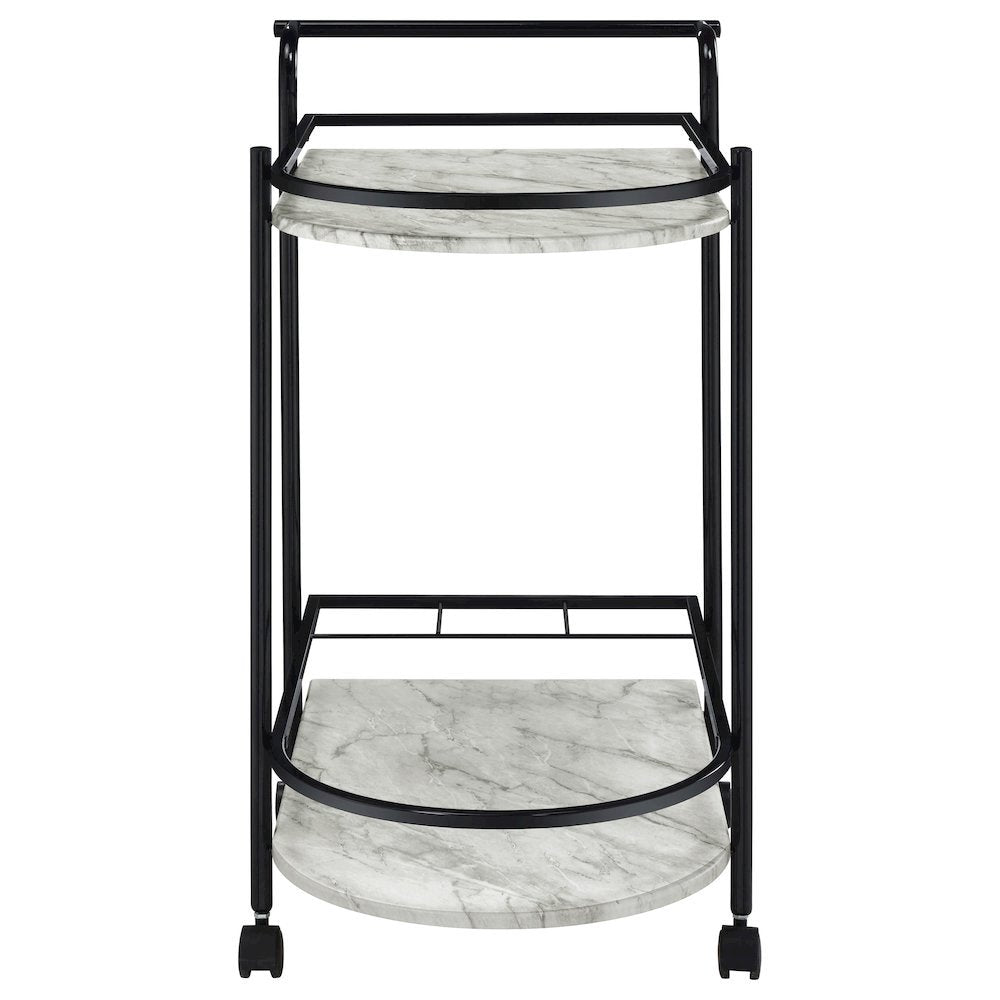 2-Tier Faux Marble Shelf Metal Bar Cart in Black with Rolling Wheels and Handle