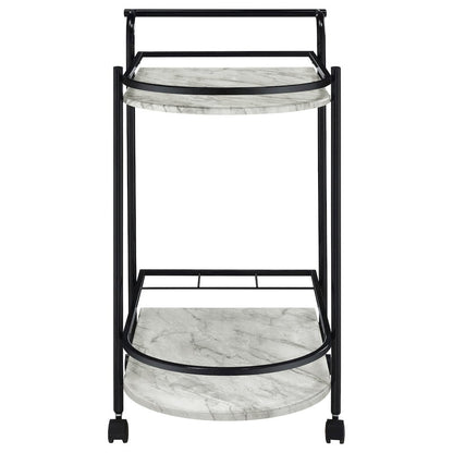 2-Tier Faux Marble Shelf Metal Bar Cart in Black with Rolling Wheels and Handle