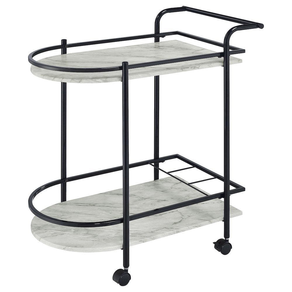 2-Tier Faux Marble Shelf Metal Bar Cart in Black with Rolling Wheels and Handle