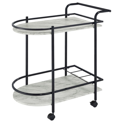 2-Tier Faux Marble Shelf Metal Bar Cart in Black with Rolling Wheels and Handle