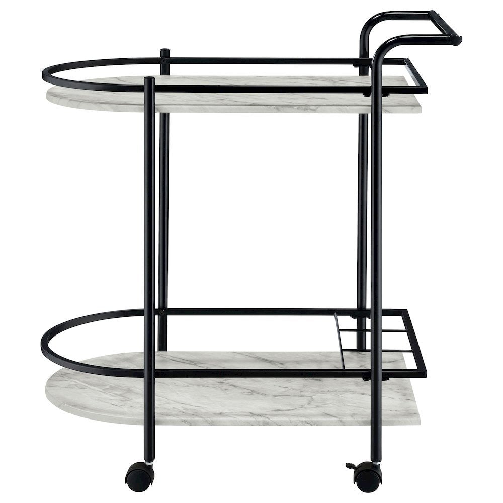 2-Tier Faux Marble Shelf Metal Bar Cart in Black with Rolling Wheels and Handle